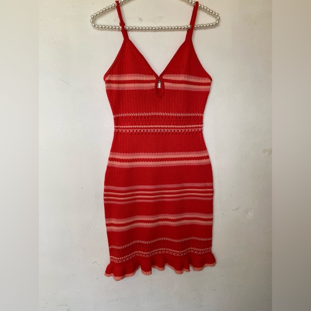 Red and White Bodycon  knit Mini Dress with Spaghetti Straps summer vacation - Picture 2 of 8